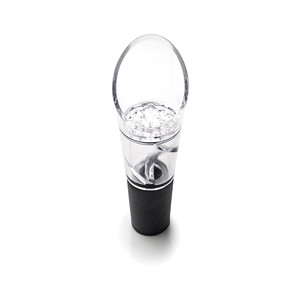 Aireador de vino con tapa de cristal transparente y base negra para verter botellas - Product Image 1