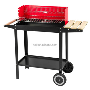 SEJR Chariot <span class=keywords><strong>2</strong></span> roues pour <span class=keywords><strong>barbecue</strong></span> à charbon carré rouge avec étagère en bois - Product Image 1