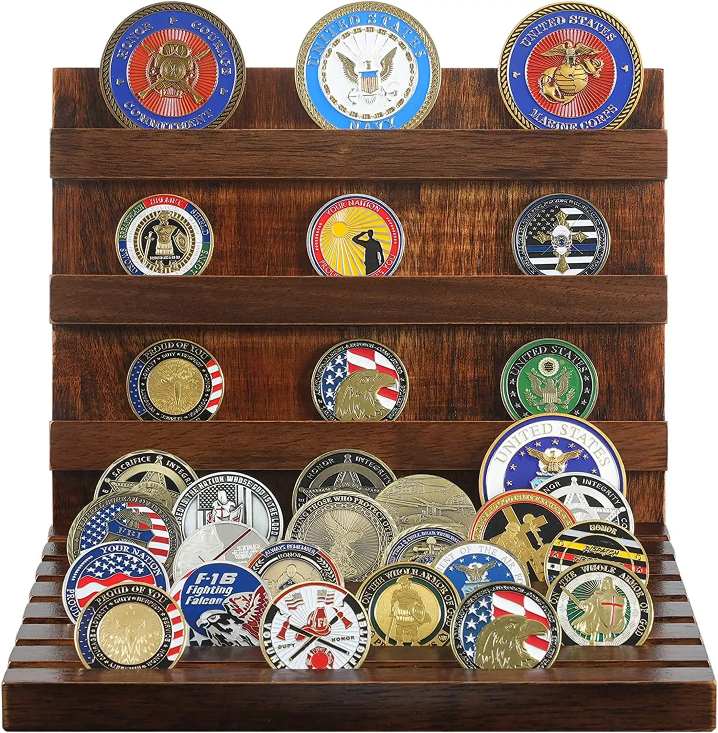 Challenge Coin Display Case Coin Holder Stand Wooden Rack Holds 60-70 Coins