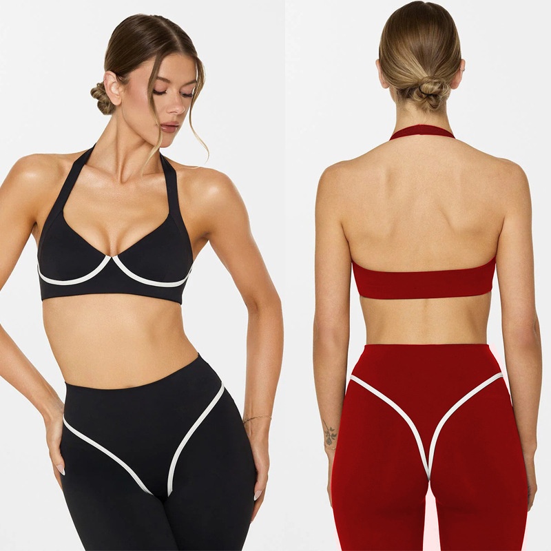 Cross-border Foreign Trade Yoga tank Top Color Block Design Halter Neck Built-in Chest Pad Spandex/Nylon Close-fitting Elastic