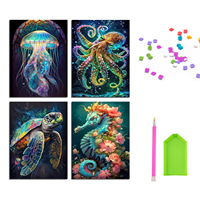 Lot de 4 kits de peinture diamant DIY pour adultes, thème marin féerique, animaux, art diamant 5D à forage complet pour décoration murale