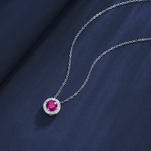 Round Cut <b>Ruby</b> Pendant <b>Necklace</b> 925 Silver with CZ Halo for Women - Product Image 3