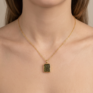 Authentic Raw Moldavite Rectangle Pendant <b>Necklace</b> 18K Gold Plated Brass Minimalist Style <b>Necklace</b> for Unisex Everyday Wear - Product Image 3