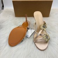Nouvelles sandales mules de soirée de luxe pour femmes à talons aiguilles super hauts, broderie florale dorée, bout ouvert, style été