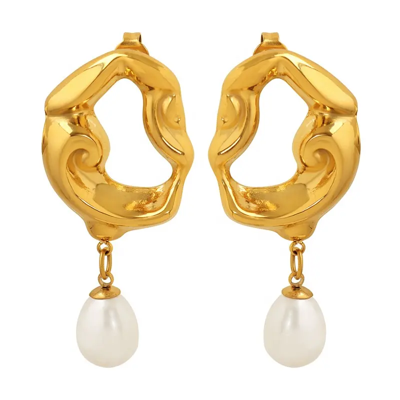 Hypoallergenic 18K Gold Plated Stainless Steel Jewelry Freshwater Pearl Dangle Earrings For Women