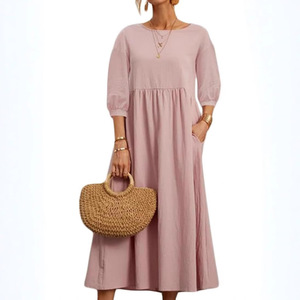 <span class=keywords><strong>Robe</strong></span> décontractée ample en coton et lin à manches longues et manches lanternes coupe trapèze anti-rides pour femme – Collection Printemps 2026 - Product Image 3