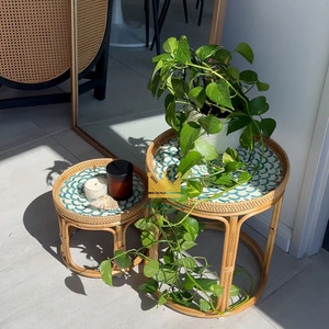 Mesa de Centro Moderna de Ratán Ecológico con Incrustaciones de Madreperla, Diseño de Concha, Mesa Auxiliar Decorativa para Interiores y Exteriores - Product Image 5