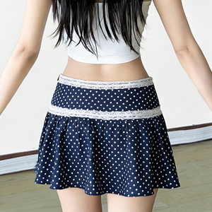 Falda midi coreana estilo dulce y femenino con encaje, patchwork, lazo azul marino y lunares, versátil, de cintura baja, línea A, falda corta que favorece la figura - Product Image 5