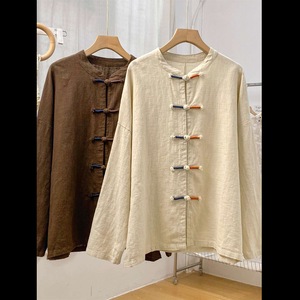 Chinese Style Linen Long Sleeve Shirt Beige Cotton Blend Traditional Zen Inspired Daily Wear Top - Product Image 2
