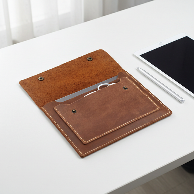 Personalized Cowhide Tablet PC Carrying Case iPad Sleeve with Cable Charger Pocket Premium Portable Flat Computer Bag