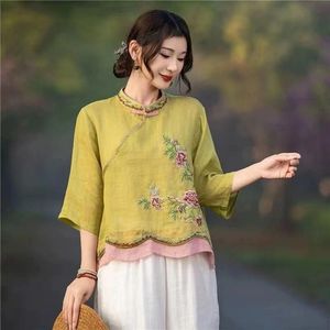 Women's Cotton Linen Embroidered Color Block Short Sleeve Top With Contrast Binding Breathable Artistic Retro Chinese Style - Product Image 3