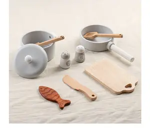 Wooden Cookware Pots and Pans Set Kids Cooking Set Children Play Kitchen Accessories Pretend Role Play Food Toys Gifts for Boys