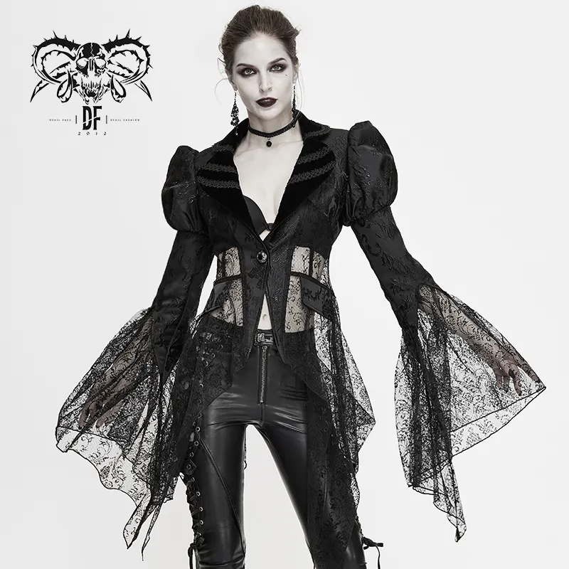 CT138 Devil Fashion Gothic Festival tiefe V-Puff ärmel Spitzen manschette halb transparente sexy Damen jacken