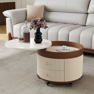 Mesa de centro moderna redonda giratoria con almacenamiento, tapa de madera color crema, móvil, para sala de estar, diseño minimalista - Product Image 1