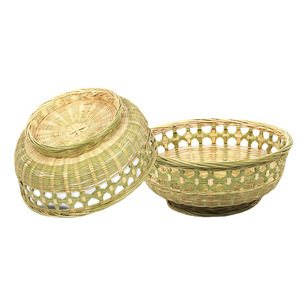 ตะกร้าผลไม้ทอจากไม้ไผ่ทรงกลมแบบมีรูระบายน้ำ ภาชนะเก็บอาหารในครัว - Product Image 1