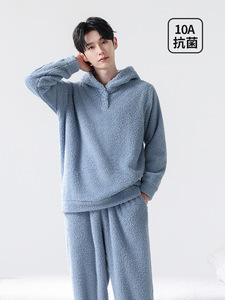 Nuovo Set <span class=keywords><strong>Pigiama</strong></span> in <span class=keywords><strong>Pile</strong></span> da <span class=keywords><strong>Uomo</strong></span> 2026 con Cappuccio, Abbigliamento Invernale Caldo e Spesso, Indossabile anche all'Esterno - Product Image 1