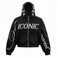 Sweat à capuche zippé pour homme ICONIC avec strass, imprimé tribal noir, veste décontractée streetwear
