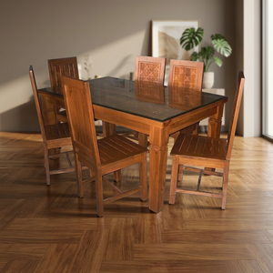 Solid Teak Wood <b>Dining</b> <b>Table</b> Set <b>6</b> Walnut-Colored Chairs Modern Minimalist Design Home Kitchen Restaurant Bar Furniture-Iron - Product Image 2