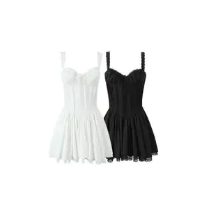 QZ6324新しい2024春夏黒と白のカラーバック巾着スリムウエストハイウエストドレスレディースドレス服2