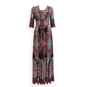 Abito Lungo Elegante da Donna in <span class=keywords><strong>Bordeaux</strong></span> e Azzurro con Stampa Etnica Retrò Paisley, <span class=keywords><strong>Maniche</strong></span> Corte e Vita Annodata - Product Image 4