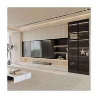Mueble de TV Minimalista de Melamina Color Marfil, de Piso a Techo, con Vitrina de Vidrio Negro para Almacenamiento en el Hogar