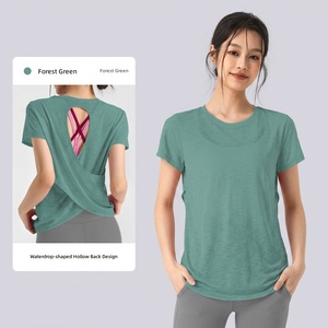 เสื้อยืดโยคะผู้หญิงแบบขายส่ง ทรงไขว้หลังเว้าหลัง ผ้าบางเบา แขนสั้น แห้งเร็ว เหมาะสำหรับออกกำลังกาย พิลาทิส - Product Image 4