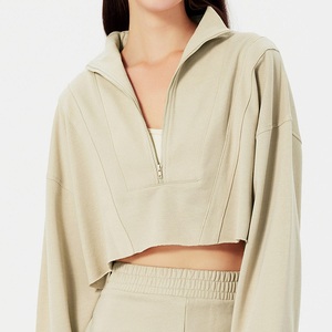 Usine Design français éponge coton demi-fermeture éclair sweat femmes blanc recadrée ourlet brut sweats - Product Image 5