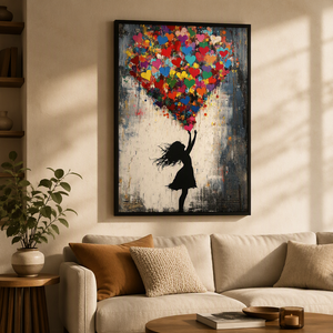 Handgemachtes Ölgemälde mit Herzballon-Mädchen, Art <span class=keywords><strong>Deco</strong></span>, 450 GSM Baumwoll-Leinwand, Gerahmte Wandkunst, Kindergeschenk, Heimdekoration - Product Image 1