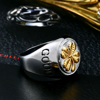 Bijoux Tempusort, bague en acier inoxydable plaqué argent/or avec incrustation de trèfle à quatre feuilles porte-bonheur pour homme, fiançailles, anniversaire