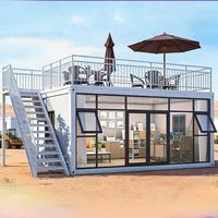 Casa Contenedor Prefabricada Moderna de Lujo con Paredes de Vidrio, Oficina Modular Desmontable con Terraza en el Techo y Escaleras Exteriores para Jardín