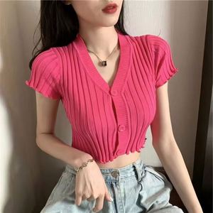 เสื้อครอปท็อปผู้หญิงสำหรับฤดูร้อน คอเหลี่ยม ราคาถูก เสื้อยืดแขนสั้นถักนิตติ้ง เสื้อเซ็กซี่สำหรับผู้หญิง เสื้อสเวตเตอร์ รุ่น I-0373 ขายส่ง - Product Image 3