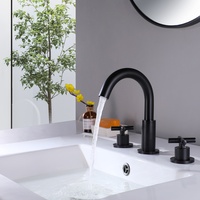 Robinet de lavabo à bec col de cygne rond noir mat, mitigeur chaud/froid en laiton à double valve, robinet de salle de bain moderne à 3 trous