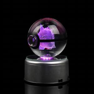 Factory bulk Multichoice 80MM 3D laser engraved gengar glass Crystal Pokemon Ball set With LED light base for Children's Gift