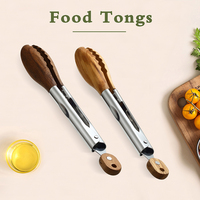 Pince de cuisine en bois d'olivier naturel avec poignée en acier inoxydable pour la cuisson de la salade et du barbecue