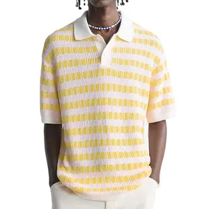 Yellow Stripe Knit Short Sleeve Polo Shirt Men Wool Cashmere Knitwear