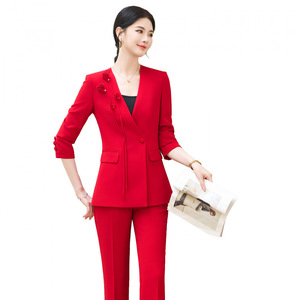 Women's Suit Set Red White Solid Color Polyester Fiber Spring <b>Work</b> Formal Wear Casual Suit Professional Office Outfit - Product Image 5