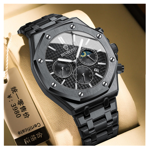 Watch for Men Chronograph Classic Fashion Quartz Watches BINBOND 0161 Waterproof Quality Montres