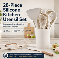YMS Ensemble de 28 ustensiles de cuisine en silicone avec manche en bois : spatule, pelle à frire, louche à soupe, fouet à œufs, pince