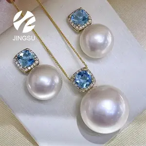 18 K gold new fashion luxury charm pendant white south sea pearl earrings top quality gift Topaz diamond jewelry set blue stone