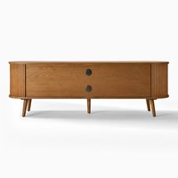 Meuble TV moderne italien en bois avec porte coulissante ovale, unité de divertissement de style mi-siècle, meuble multimédia cannelé pour salon et hôtel