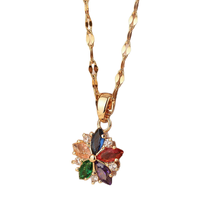 Kalung Emas Chic Radiant dengan Liontin Bunga Marquise Multiwarna, Zirkonia Kubik, Rantai Oval Prong Link, Batu Permata Potongan, Perhiasan Wanita, Hadiah