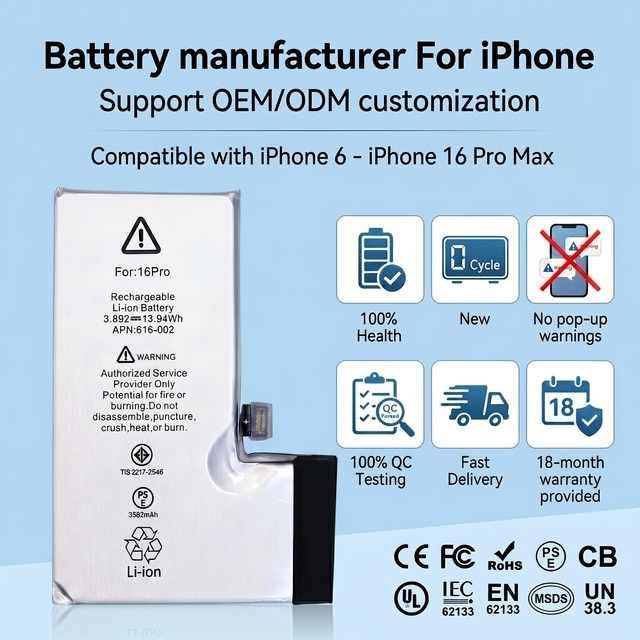 OEM ODM Mobile Phone Battery for 11 12 13 14 15 Pro Max 16 Pro High Capacity Certified Supplier 18-Month Warranty Stock