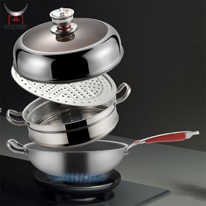 Vente en gros de poêle à frire en titane 304 sans revêtement Timerable antiadhésif avec cuiseur vapeur Ménage Cuisinière à induction Cuisinière à gaz - Product Image 1