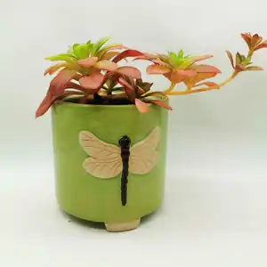 Pintura en relieve de cerámica para escritorio, patrón de mariposa en macetas de flores pequeñas redondas, Libélula y Carves de abeja, macetas de plantas