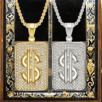 Collier pendentif signe dollar avec incrustation de moissanite, breloque rectangulaire, chaîne en argent 925 pour homme