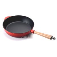 Wajan Besi Cor Berlapis Enamel dengan Gagang Kayu, Wajan Datar Berdasar Datar untuk Kompor Gas, Listrik, dan Induksi, Grosir