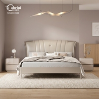 Lit de rangement en cuir de luxe de style nordique, lit king-size moderne et minimaliste pour chambre principale, panneau en bois massif rembourré élégant haut de gamme