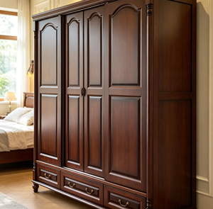 Armario de Madera Maciza de Lujo de 4 Puertas con 3 Cajones Inferiores, Armario de Almacenamiento de Ropa para Dormitorio en Estilo Retro Nogal - Product Image 3