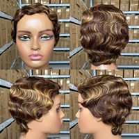 Perruque courte ondulée style pixie sans colle, perruque frontale en dentelle complète avec frange, entièrement fabriquée à la machine, 100% cheveux humains brésiliens
