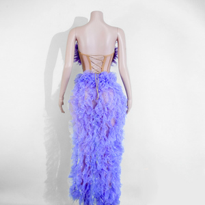 Vestido de mujer morado de calidad premium para Drag Queen, sexy, de malla transparente con purpurina, corsé de encaje, con abertura alta, para baile, ropa de escenario, fiesta en discoteca - Product Image 3
